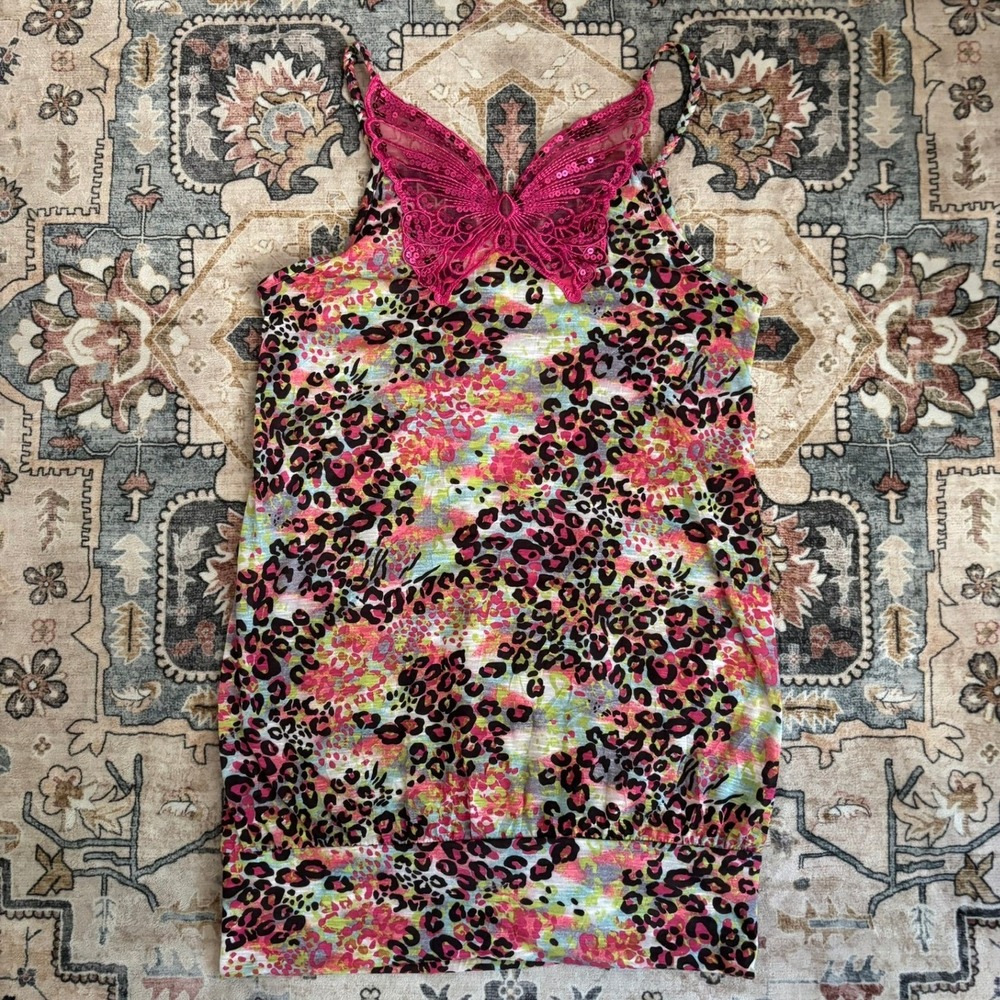 Y2K No Boundaries Leopard Print Butterfly Sequin Back Tank Top Pink Green Large